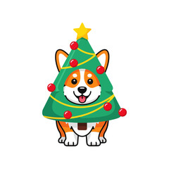 Cute corgi dog in festive Christmas tree costume with ornaments, holiday season celebration