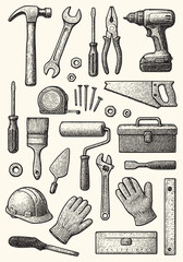 Vintage construction tools Carpentry and Mechanic Tools Line Art