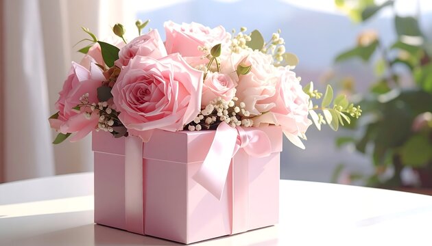 Soft pink roses arranged in a matching square gift box with a satin ribbon, illuminated by soft natural light