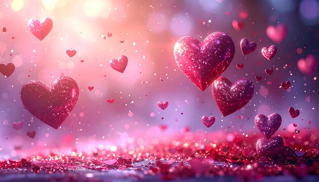 Sparkly hearts float and rest on a surface of red confetti with a dreamy, blurry light filled background - Powered by Adobe