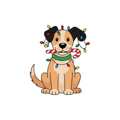 Cute cartoon dog with festive Christmas lights and a candy cane, adorable holiday pet illustration.