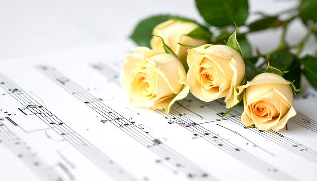 Soft yellow roses rest on sheet music, creating a delicate, melodic still life with a blurred, gentle background