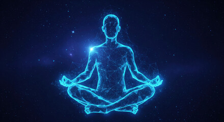 Abstract glowing blue digital human figure meditating in a lotus pose against a dark starry background