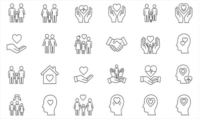 Collection of Outline Icons Representing Family, Health, Love, and Support Concepts
