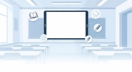 Classroom Tech Tablet and Education Icons in a Light Blue School Scene