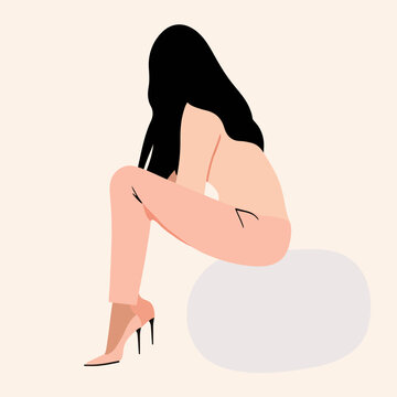 Minimalist modern vector illustration of an elegant business woman with long black hair, wearing pink pants and high heels, against a pastel background