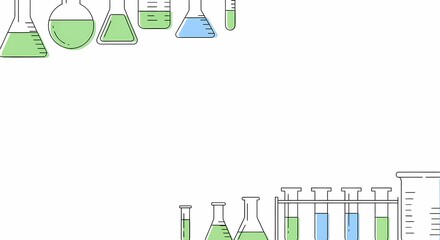 Laboratory equipment illustration with beakers, flasks, and test tubes for science and chemistry backgrounds