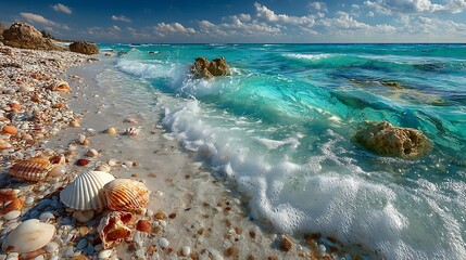 Turquoise waves crash onto a shellcovered shore with white foam under a partly cloudy sky