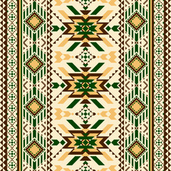 A traditional textile pattern in beige, brown, green, featuring geometric diamond and floral motifs arranged in symmetrical horizontal rows with intricate details. Geometric seamless vector pattern. 