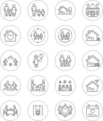 Line style icons of remote Web3 work (circular): virtual office building icon, coworking space bubble, circular workroom node, community DAO workspace, shared working pod, 3D meeting room portal
