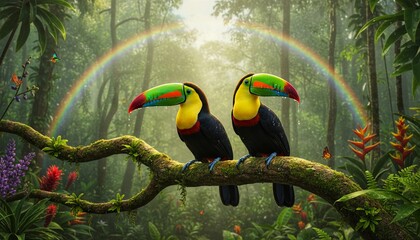 Obraz premium Vibrant toucans perch on mossy branch under lush rainforest canopy with rainbow