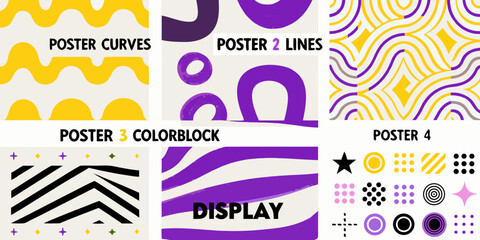 Abstract graphic design posters featuring bold curves lines color blocks and geometric shapes in yellow purple and black