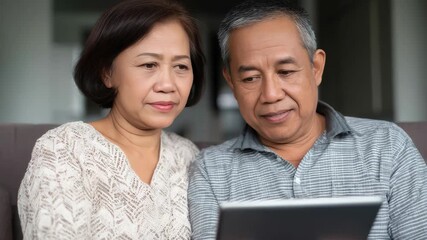 Asian senior couple using a tablet computer together at home - Powered by Adobe
