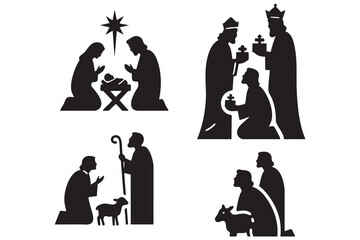 Nativity Scenes Silhouette Art Collection Festive Religious Celebration Iconography. isolated on white background