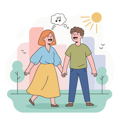 Happy Couple Walking Hand In Hand Outdoors In A City Park With Green Trees And Buildings In The Background Under A Sunny Sky With Birds Flying