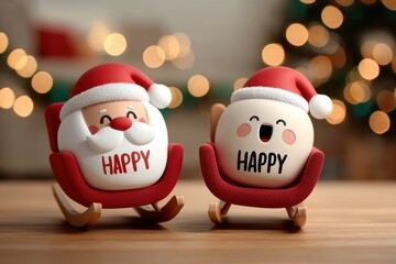 Funny Santa and Happy character toys sitting on red sleds with Christmas lights, cheerful winter decor perfect for holiday ads, greeting cards or festive product branding, editable.