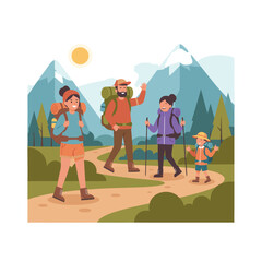 Fototapeta premium Happy Family Hiking With Backpacks On A Mountain Trail Under A Sunny Sky On A Clear Day
