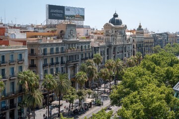 Barcelona La Rambla street view, blank white billboard on building, urban trees, pedestrian crowd, commercial-ready city mockup, realistic urban photography