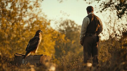 Man and Hawk at Sunset.