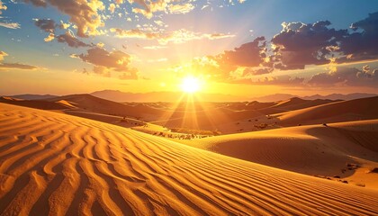 Sunburst over vast, wavy desert sand dunes under a bright blue sky filled with scattered clouds at sunset