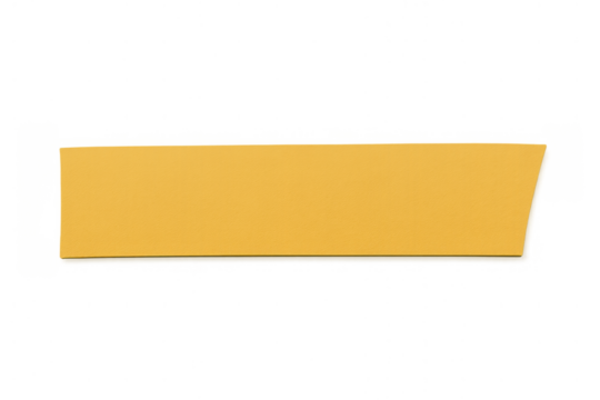 Blank yellow banner strip template with angled end for notes, labels, or web design elements on transparent background