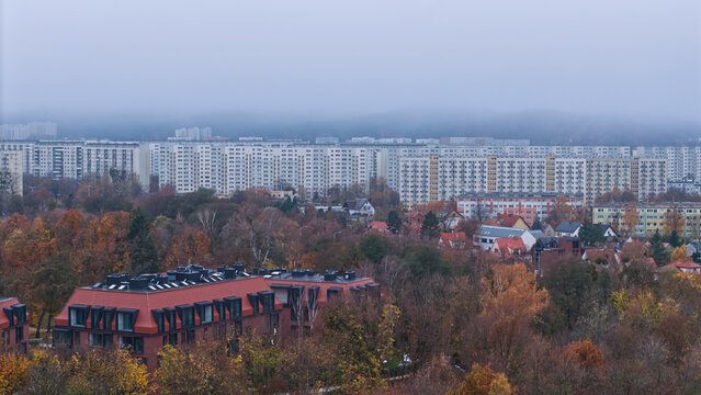 Aerial view of the Jelitkowo district in Gdansk, Poland, on a foggy day.
