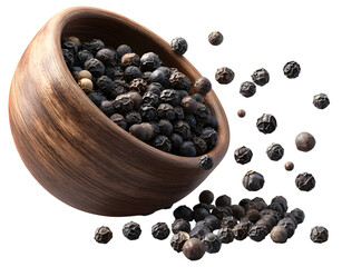 Whole black peppercorns spilling from a wooden bowl isolated on transparent background black pepper spillung from bowl isolated on transparent 