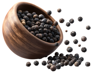 Whole black peppercorns spilling from a wooden bowl isolated on transparent background black pepper spillung from bowl isolated on transparent 