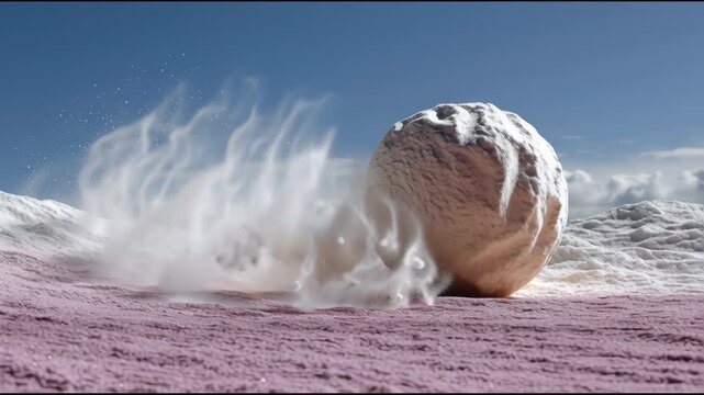 Dynamic progression of a large spherical object rolling down a textured slope, creating a cloud of dust and debris, captured with a smooth dolly camera movement emphasizing motion and impact
