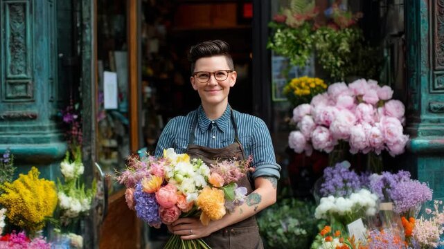 florist holding a colorful bouquet in front of a flower shop - Powered by Adobe