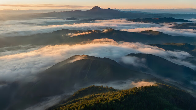 sunrise in the mountains, Aerial view of mountain landscape with sunrise, misty clouds, adventure travel concept