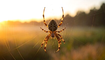 Spider hangs in its web with a golden sunset background