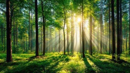 Fototapeta premium Sunlight Filtering Through Tall Trees in a Lush Green Forest Creating a Serene and Enchanting Atmosphere for Nature Lovers and Outdoor Enthusiasts