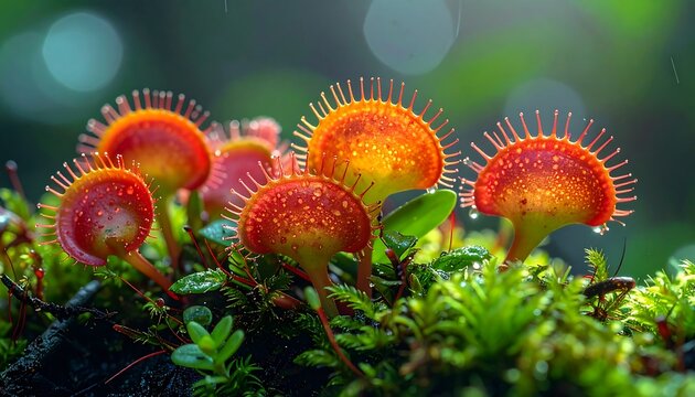 Sundews with red, fringed heads, growing in moss, catching sunlight