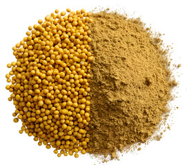 Pile of mustard seeds and ground mustard isolated on transparent background mustued seeds and powder isolated on transparent