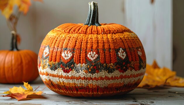 A unique handmade knitted cozy cover on an orange pumpkin for autumn decor.