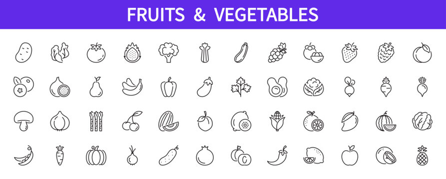 Fruits & vegetables icon set. Cucumber, tomato, lettuce, carrot, avocado, paprika, strawberry, grape, onion, apple, orange, banana, watermelon, peach, vegan, etc. Editable stroke. Vector illustration.