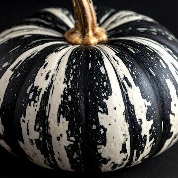 A unique black and white striped sweet dumpling squash with a golden stem isolated on a dark background.