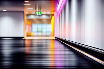 A blurred, modern interior hallway with a highly reflective floor, illuminated by colorful lights and an exit sign.