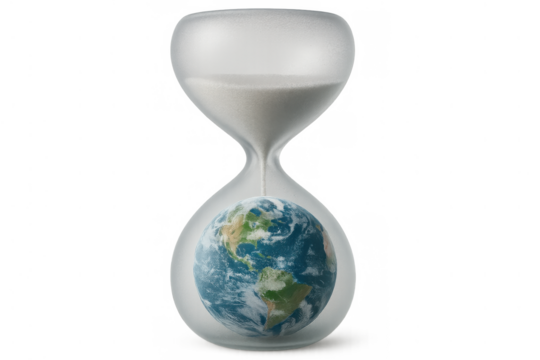 Earth inside hourglass, sand flowing, representing climate change deadline and environmental urgency on transparent background