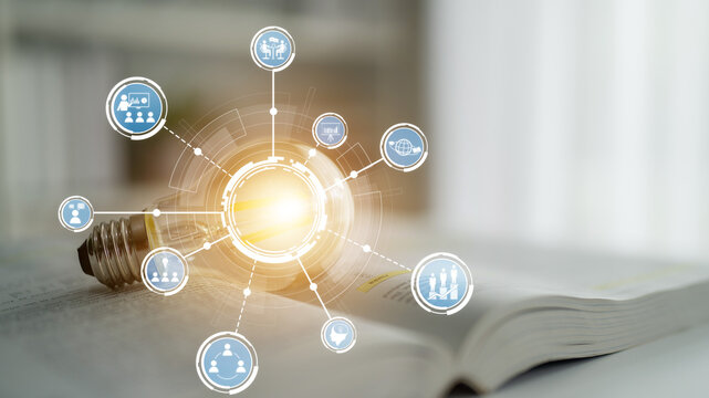 A light bulb symbolizes innovation and creativity, surrounded by digital icons representing connections in business, education, and technology environments. Crux - Powered by Adobe