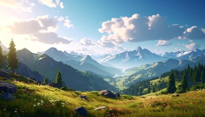 Obraz premium Sunny alpine vista featuring grassy fields dotted with wildflowers & mountains under a blue sky with puffy clouds