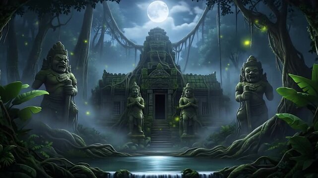 Mystical Temple Ruins in Jungle Moonlight Stone Guardians & Pool