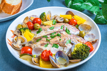 鯛のアクアパッツァ Sea bream acqua pazza with colorful vegetables