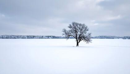 Solitary tree on a flat, snowy field under a pale, overcast sky. Serene and minimalist winter scene