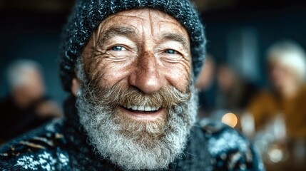 An elderly man with a grey beard and a knitted hat smiles warmly, his face showing signs of age and experience.