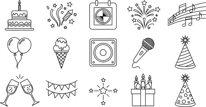 Celebration party icons vector set birthday event elements outline art eps silhouette - Powered by Adobe