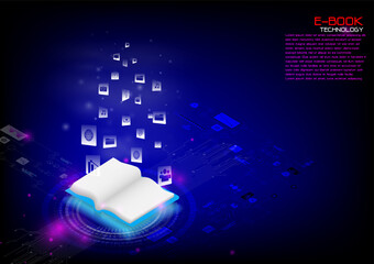 Futuristic e-book technology concept with glowing open book and digital icons flowing upward, representing modern online learning and digital information.