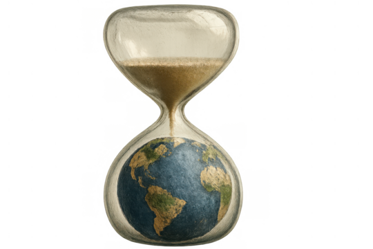 Earth inside an hourglass representing a global environmental deadline, sand running out, ecological crisis countdown
