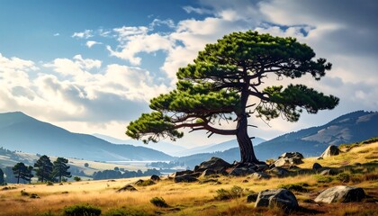 Obraz premium Solitary tree stands atop golden hillside; mountains fading in distance beneath a bright sky with puffy clouds